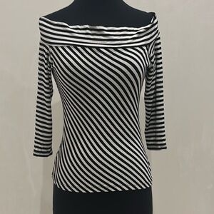 Shine New York, Black and White Striped Off-Shoulder Blouse. Size medium.